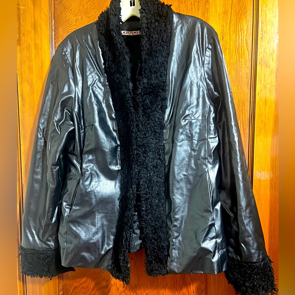 Vintage Sabotage shiny black jacket with faux fur trim, size small